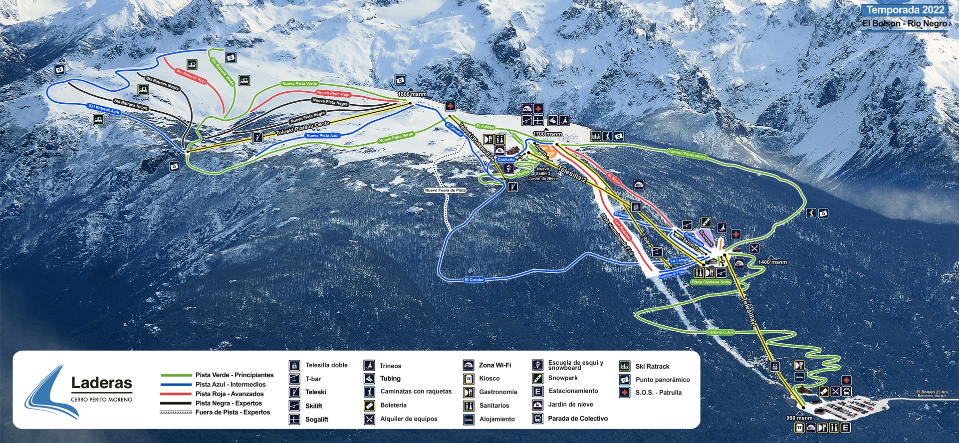 Mapa de pistas y medios de elevación del Cerro Perito Moreno